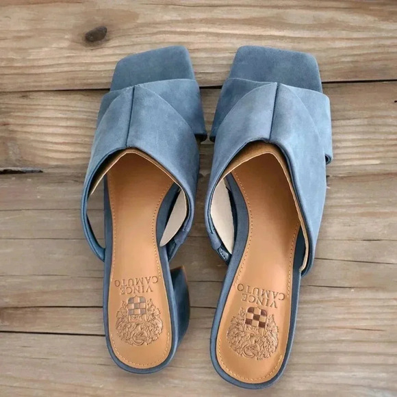 Vince Camuto Shoes - Vince Camuto 7.5 Seedanta Block Heel Nubuck Leather Mule Low Sandal Blue Haze